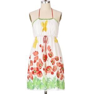 Anna Sui Size Medium Halter Sundress with‎ Yellow Butterflies and Red Poppies